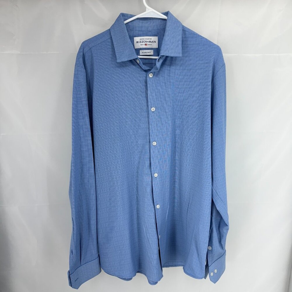 Mizzen Main Men XXL Button Up Shirt Blue Plaid Trim Fit Performance Commute Work